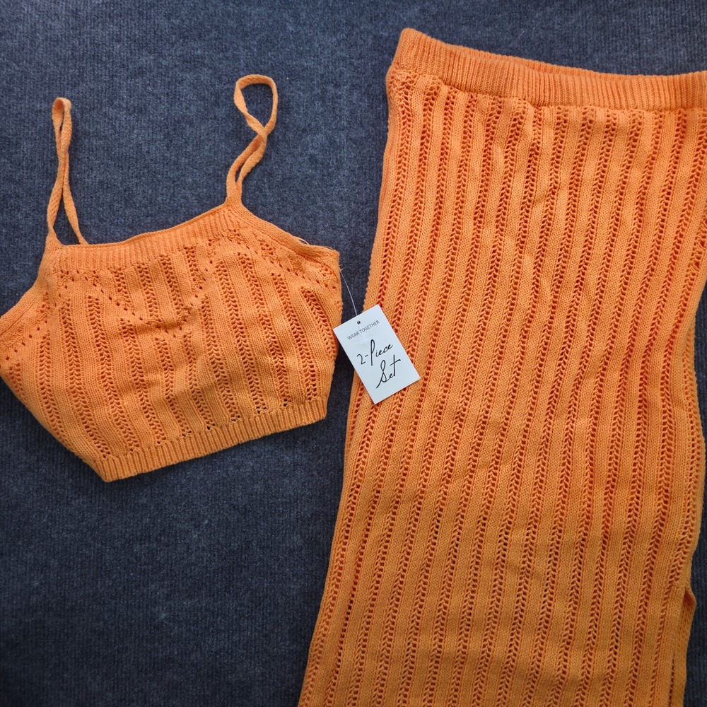 Freshman 1996 Women S Orange Knit 2 Piece Set Cami Midi Skirt Boho Summer New